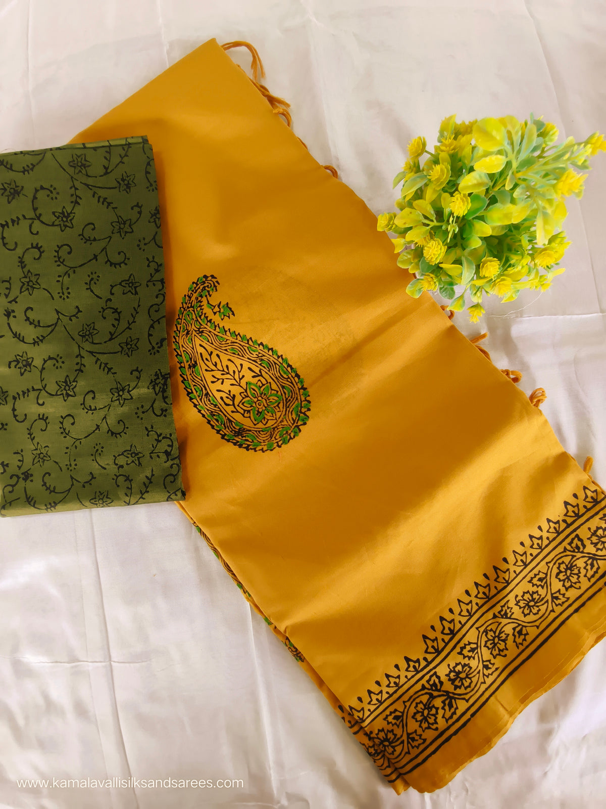 South Cotton Mix Block Printed Saree Yellow Colour with Green colour contrast blouse