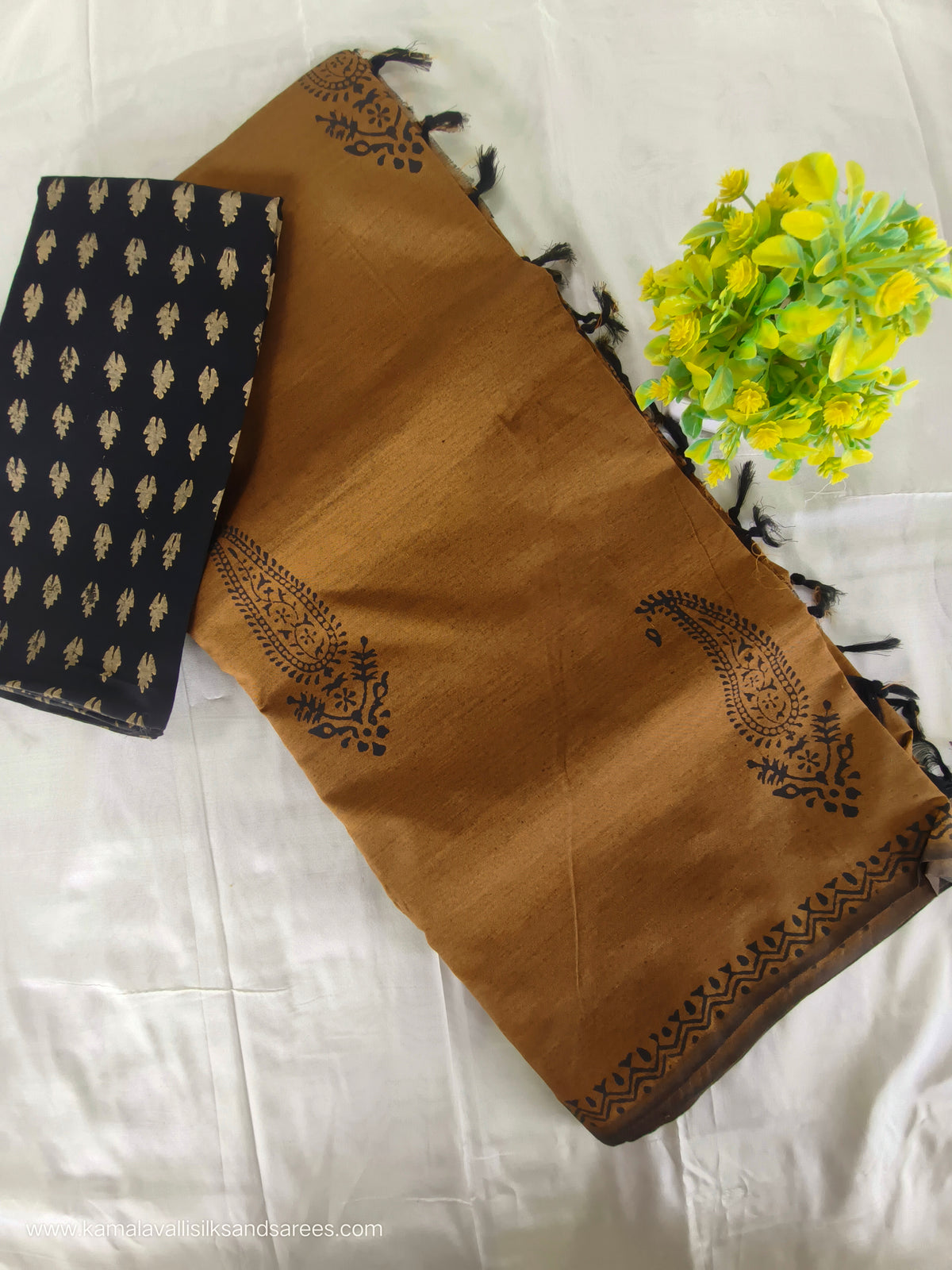 South Cotton Mix hand Block Printed Saree with Black colour blouse
