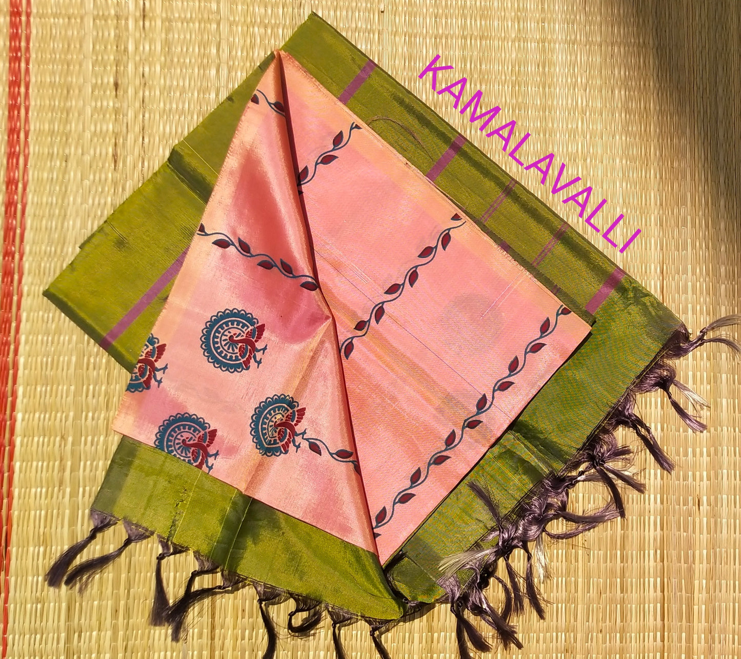 Printed Valaipattu / Chinalampattu Saree Pink colour with Green colour Pallu