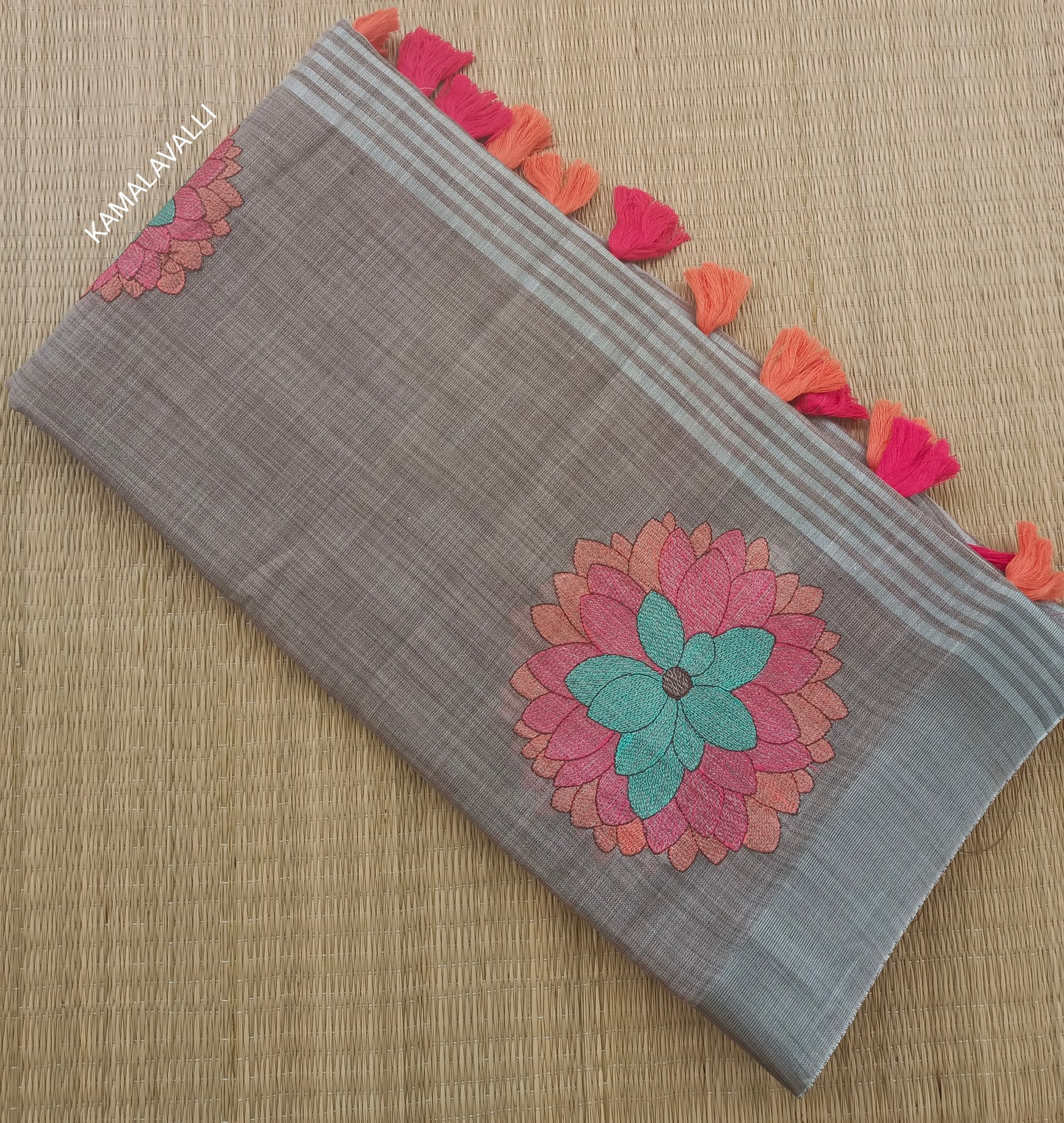 Linen Cotton Embroidery Saree Grey Colour