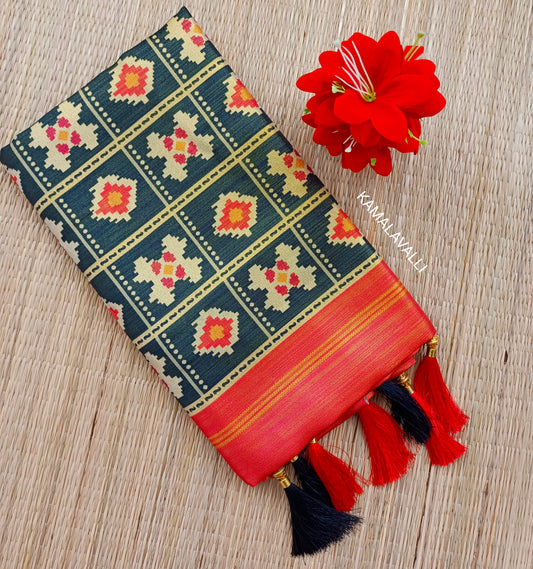 Linen Silk Saree Black Colour with Orange border