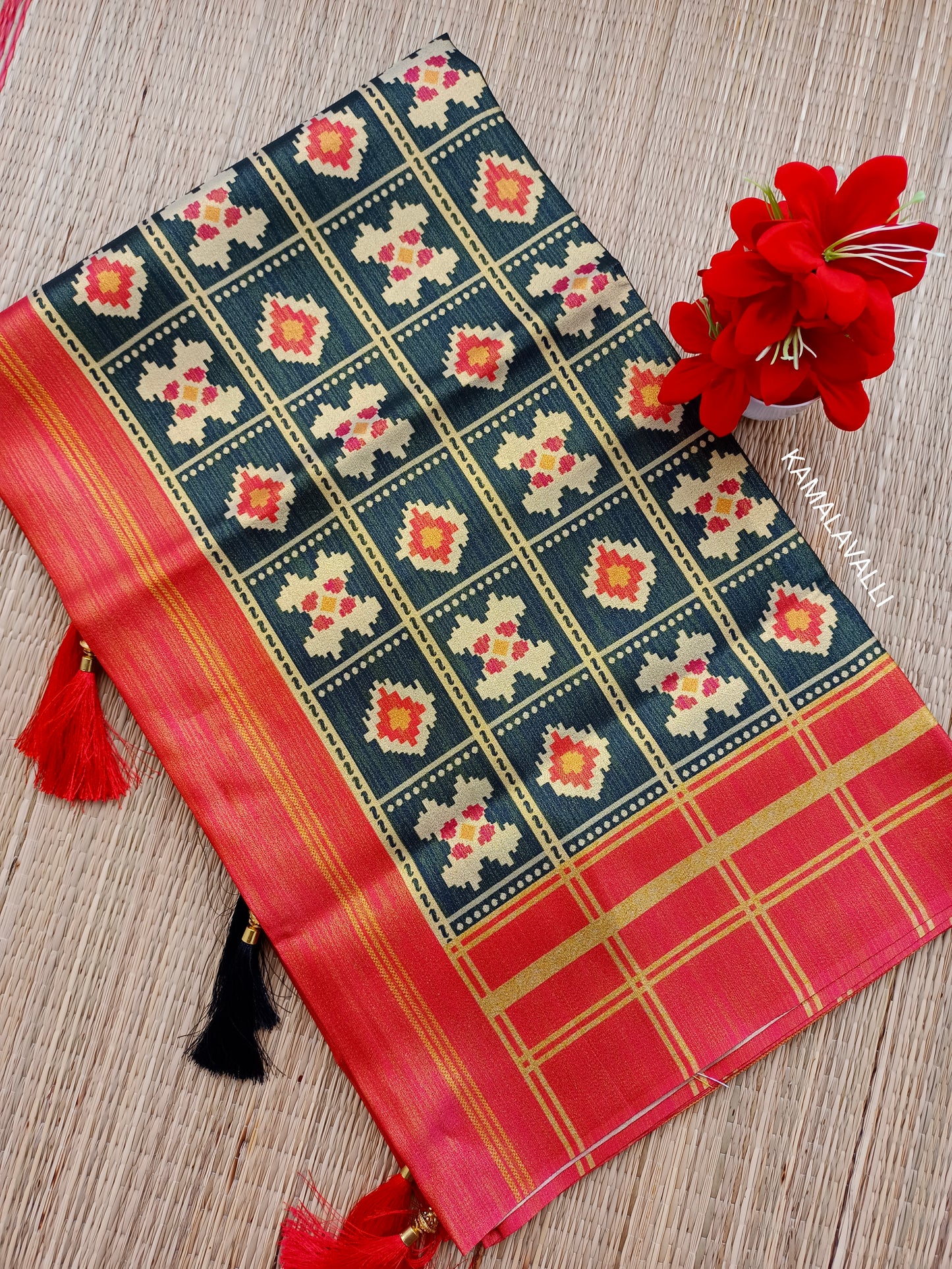Linen Silk Saree Black Colour with Orange border