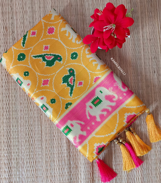 Linen Silk Saree Pink and Yellow colour with Parrit and Elephant Prints