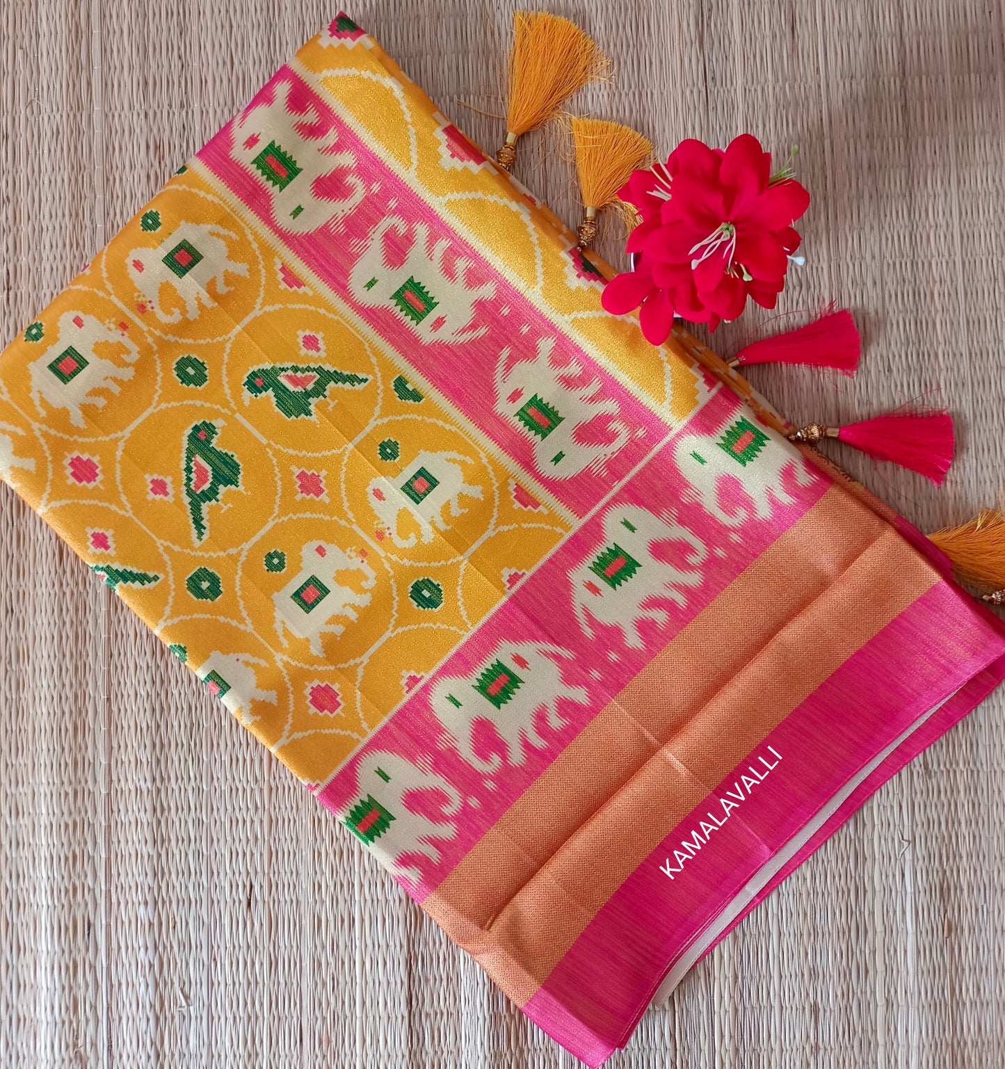 Linen Silk Saree Pink and Yellow colour with Parrit and Elephant Prints