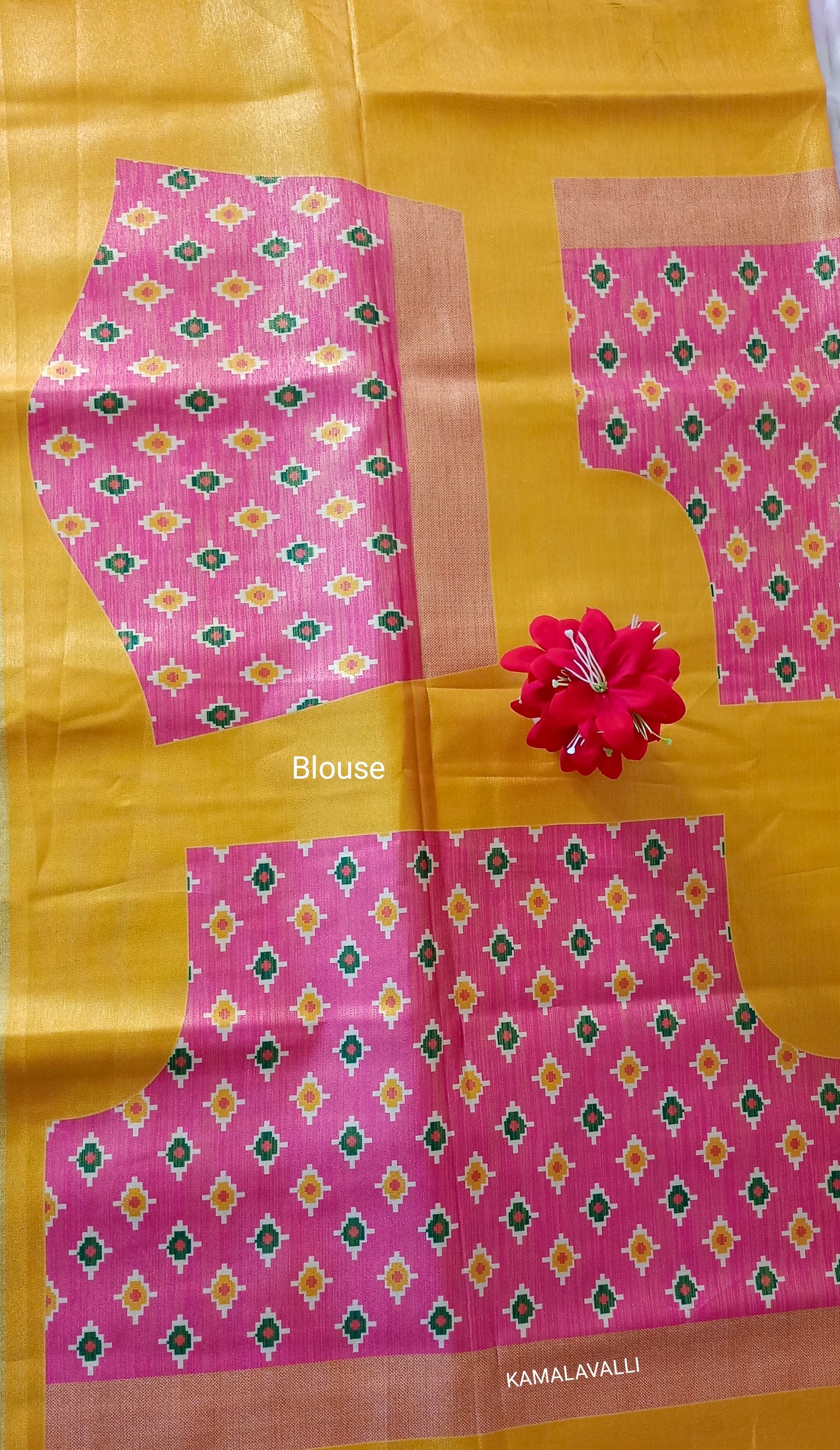 Linen Silk Saree Pink and Yellow colour with Parrit and Elephant Prints
