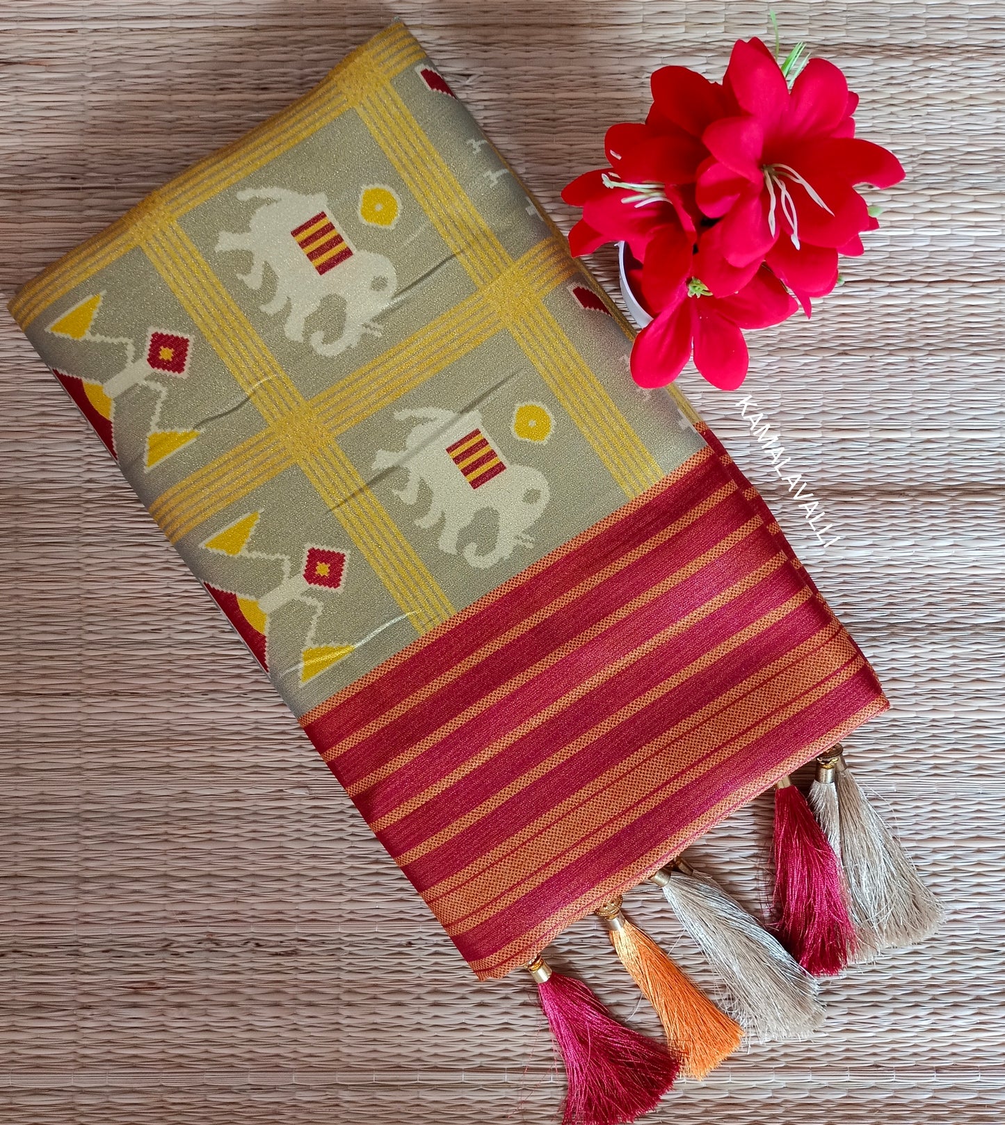 Linen Silk Saree Grey with Brown colour
