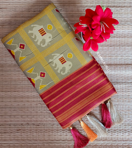 Linen Silk Saree Grey with Brown colour