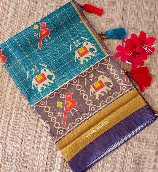 Linen Silk Saree Peacock Green