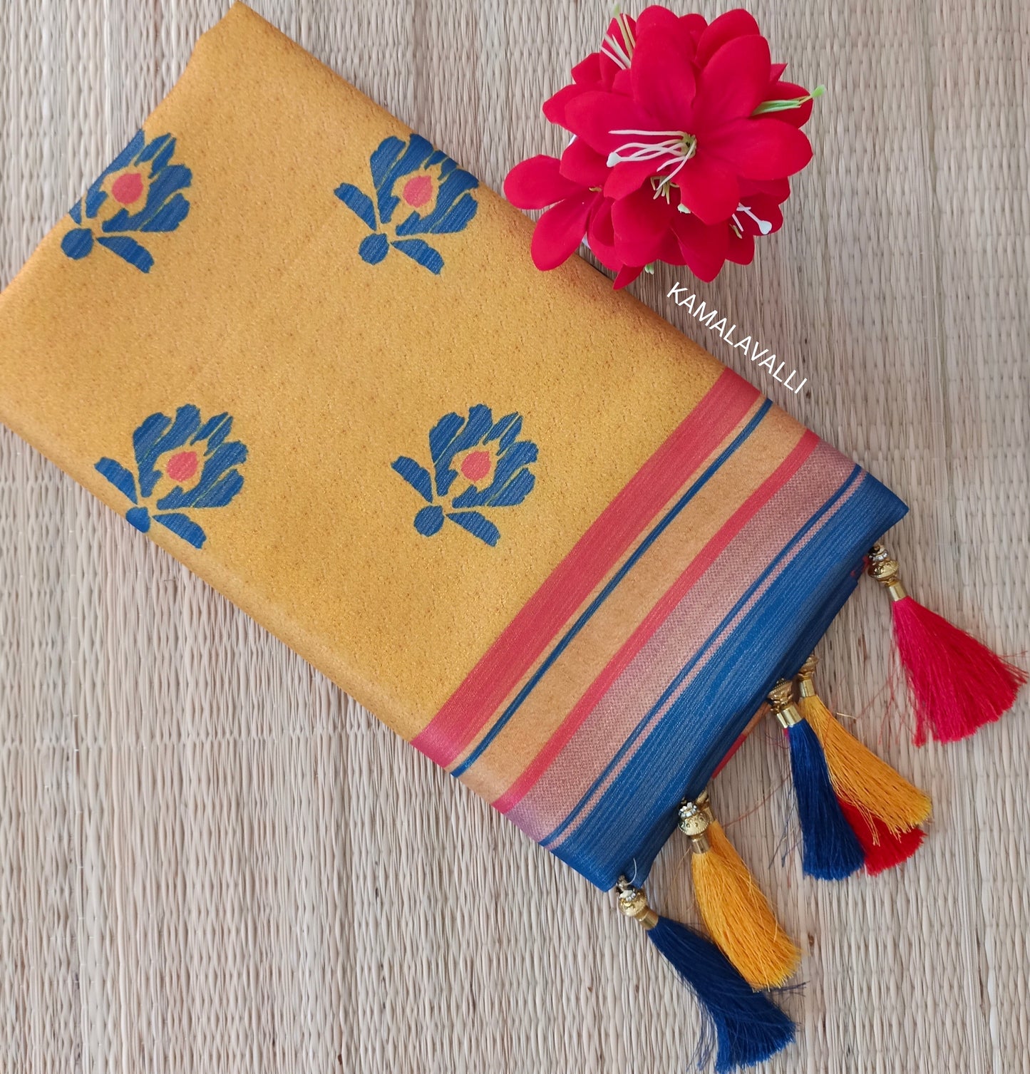 Linen Silk Saree mild Yellow and Blue Colour