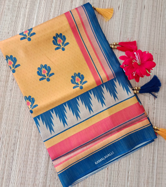 Linen Silk Saree mild Yellow and Blue Colour