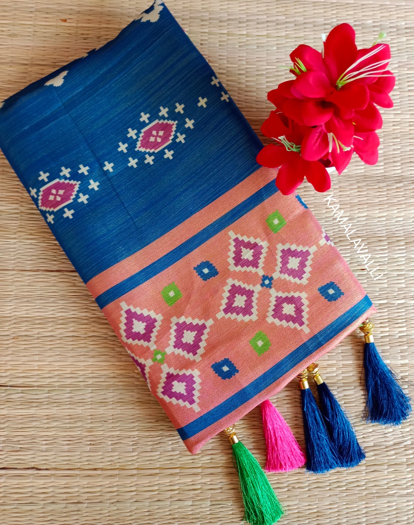 Linen Silk Saree Blue with larger parrot print border