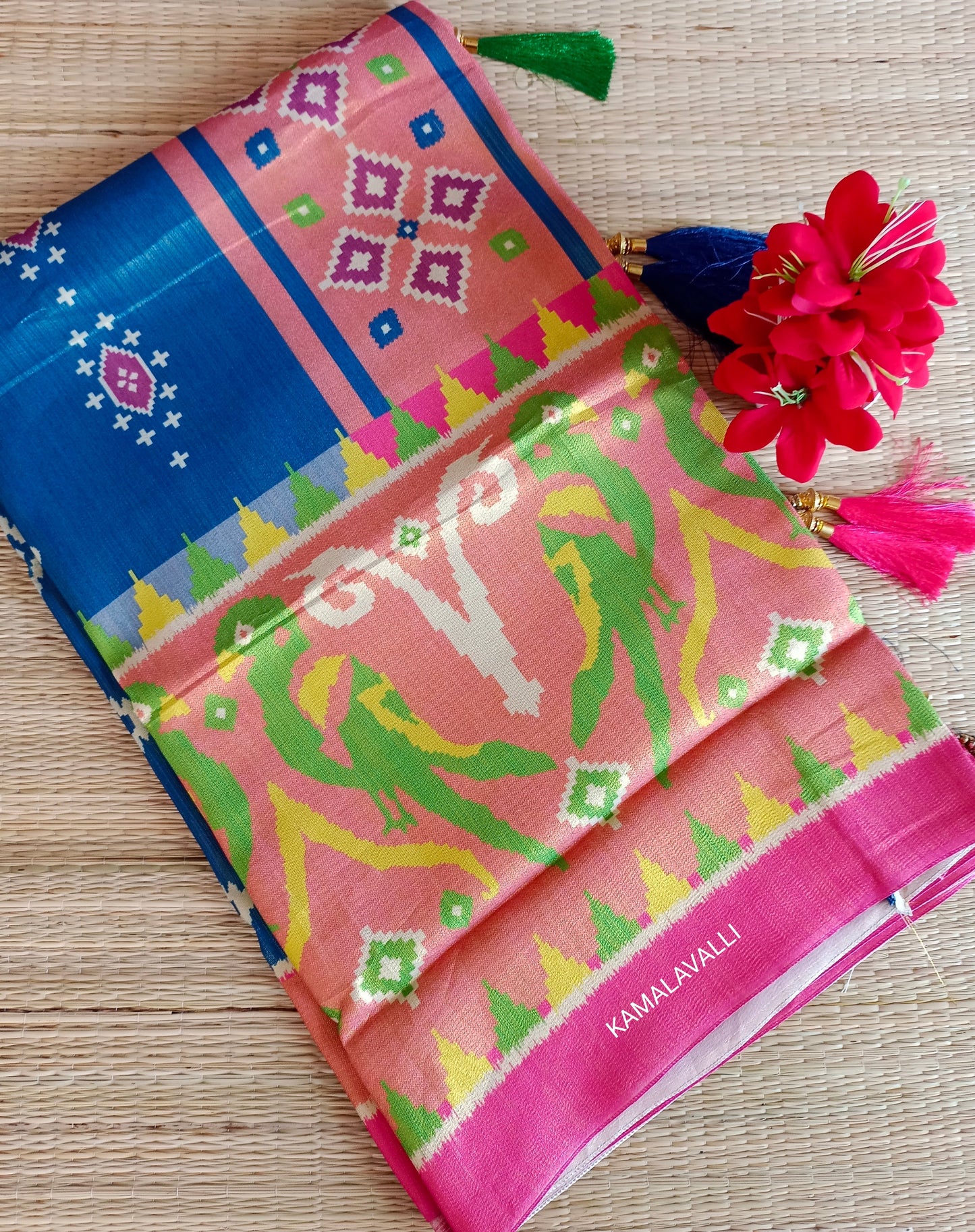 Linen Silk Saree Blue with larger parrot print border