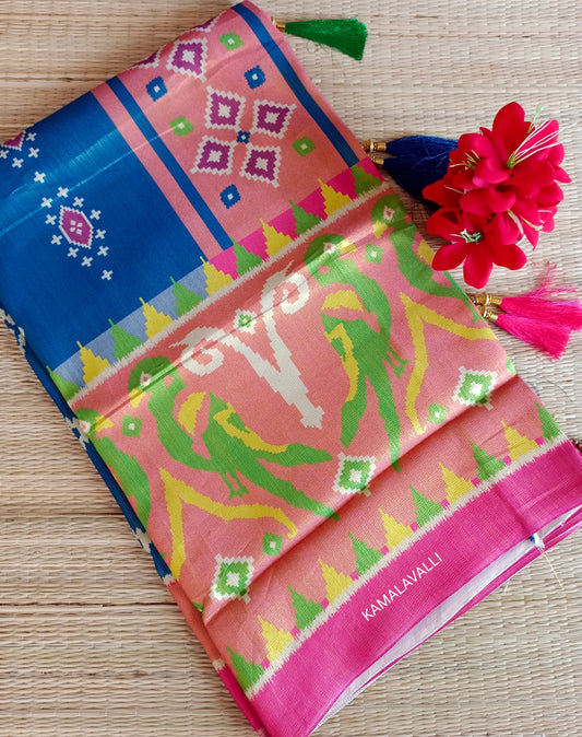 Linen Silk Saree Blue with larger parrot print border