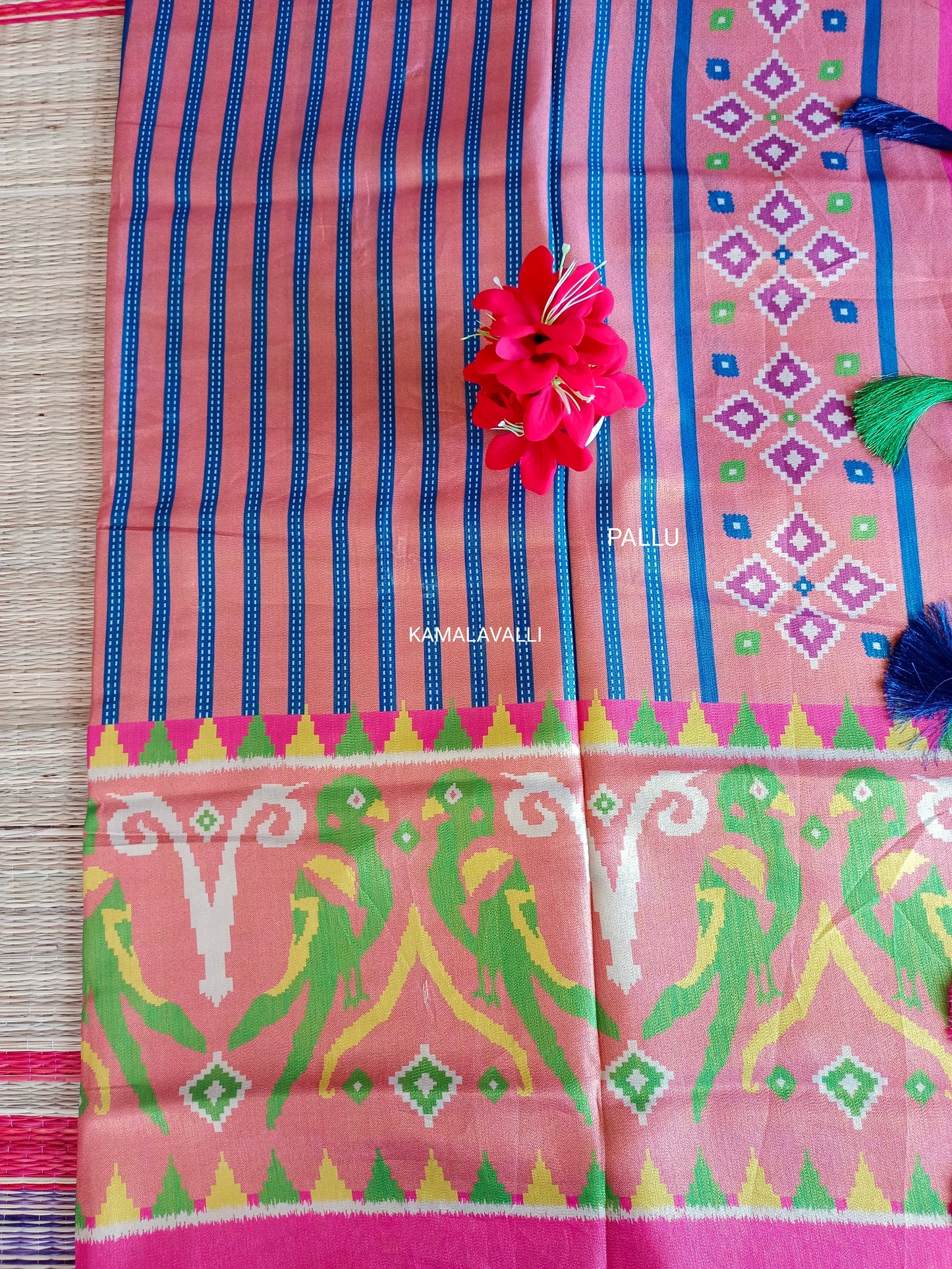 Linen Silk Saree Blue with larger parrot print border
