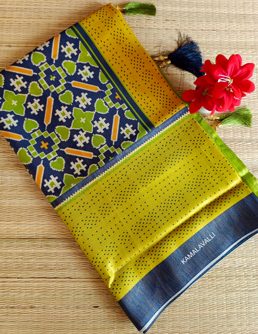 Linen Silk Saree Royal Blue with Patterns