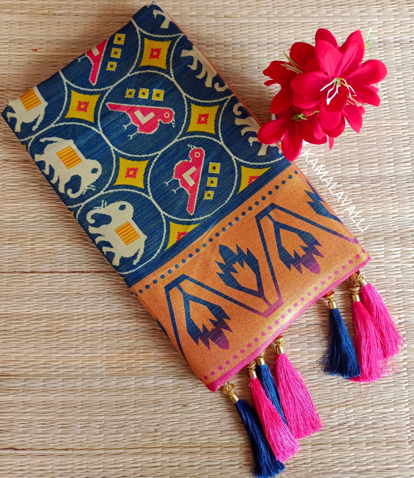 Linen Silk Saree Blue with Pink Border