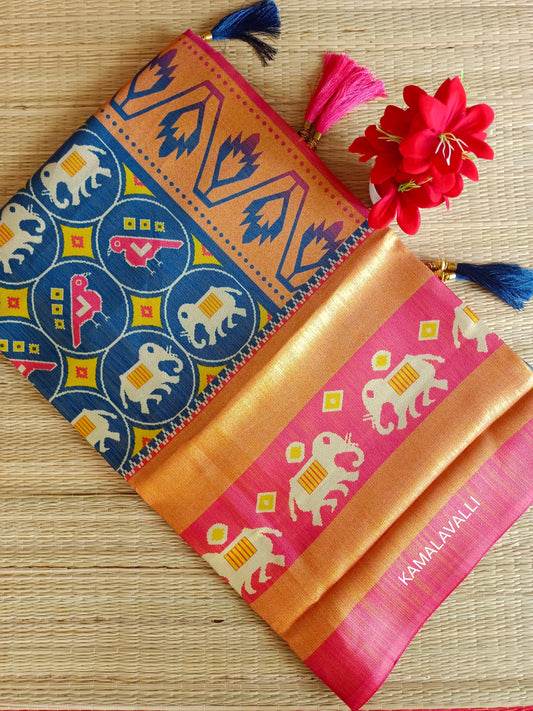 Linen Silk Saree Blue with Pink Border