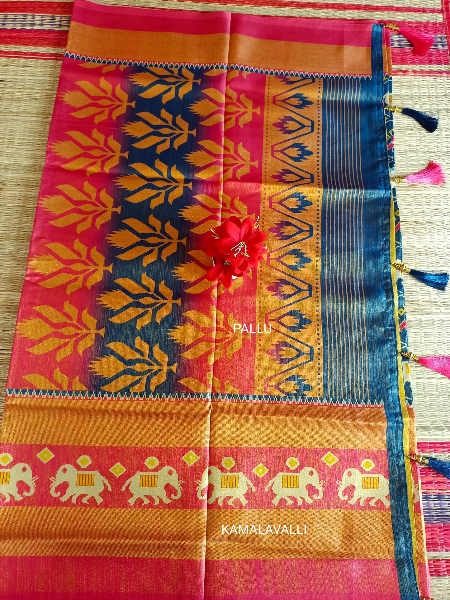 Linen Silk Saree Blue with Pink Border