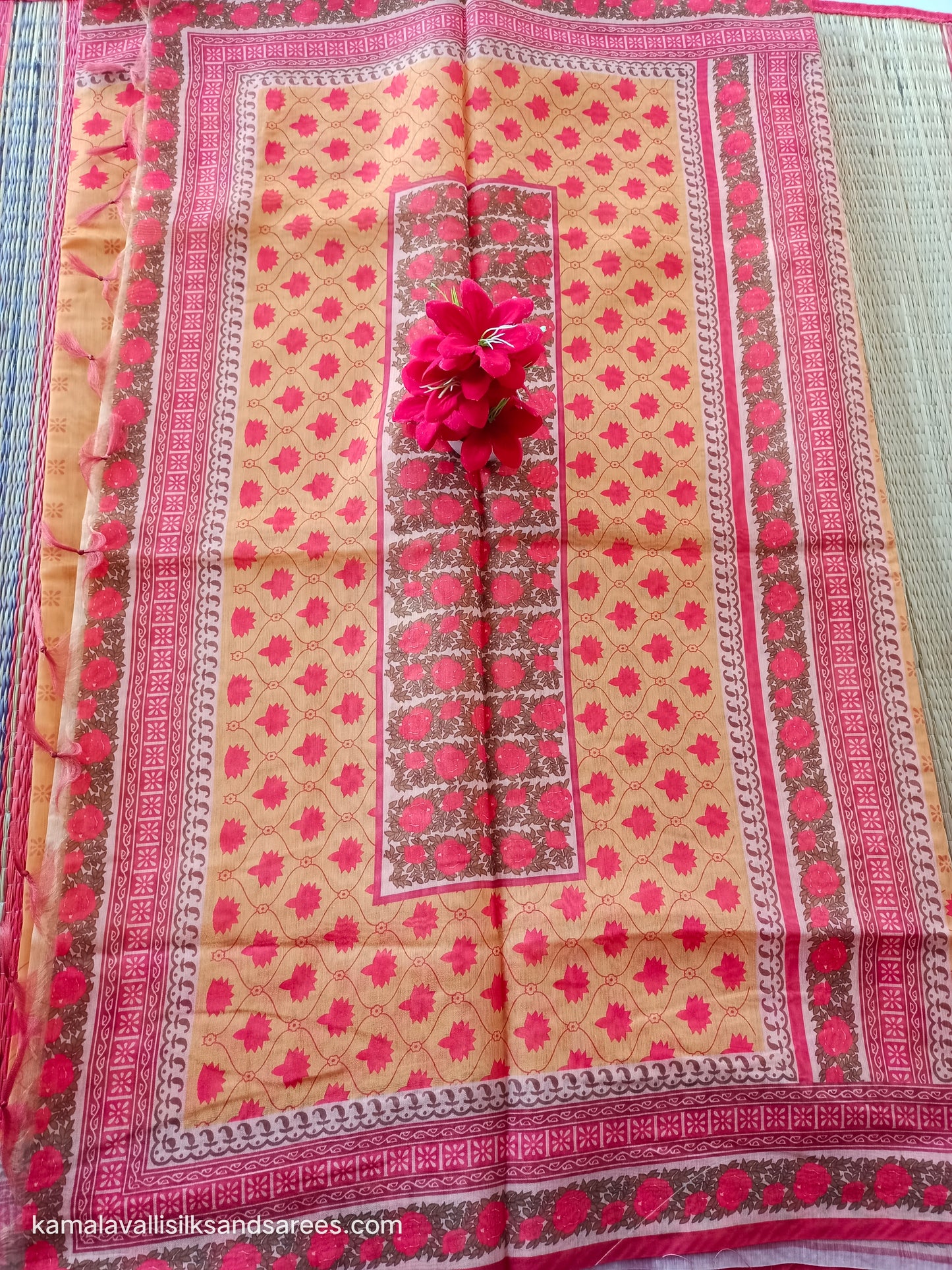 Chanderi Cotton Saree Beige Colour with Orange border