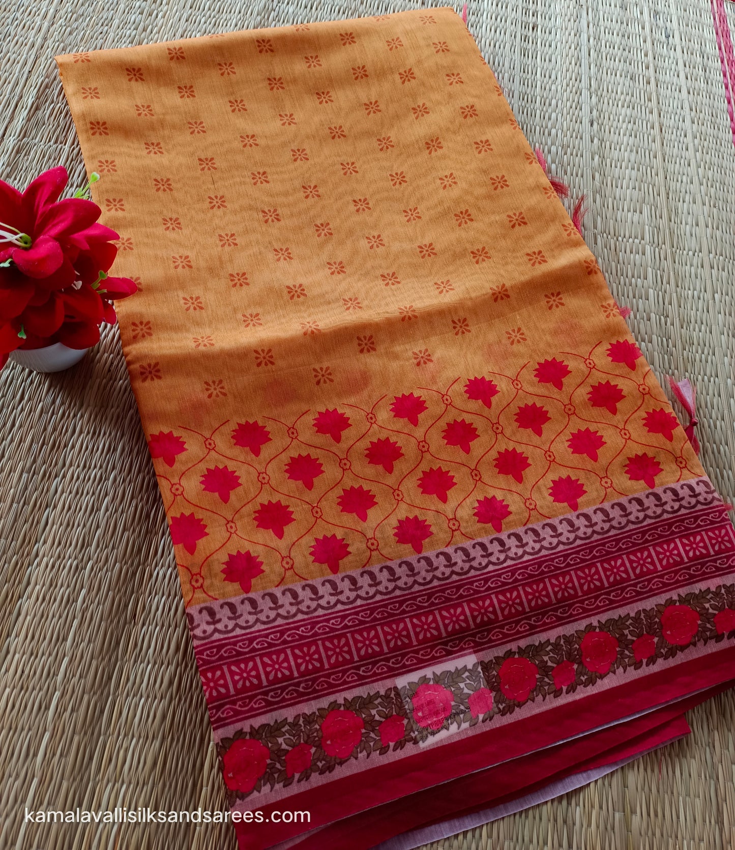 Chanderi Cotton Saree Mild Yellow Colour with Orange border