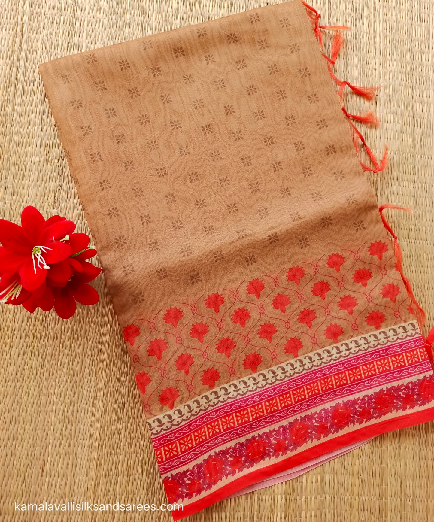 Chanderi Cotton Saree Beige Colour with Orange border
