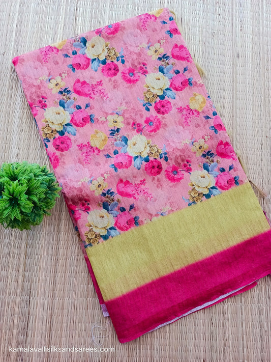 Tussar Silk Saree Pink Colour with mild yellow border