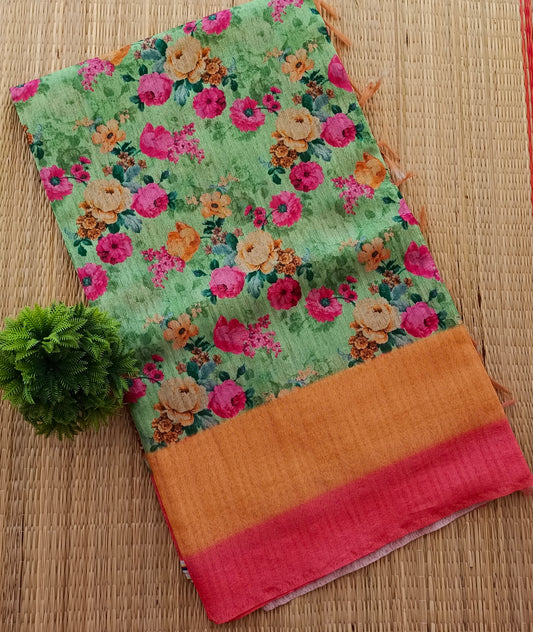 Tussar Silk Saree Parrot Green Colour