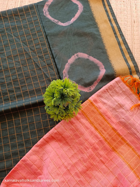 Bhagalpuri Tussar Saree Green with Pastel Pink Pallu and Pink blouse