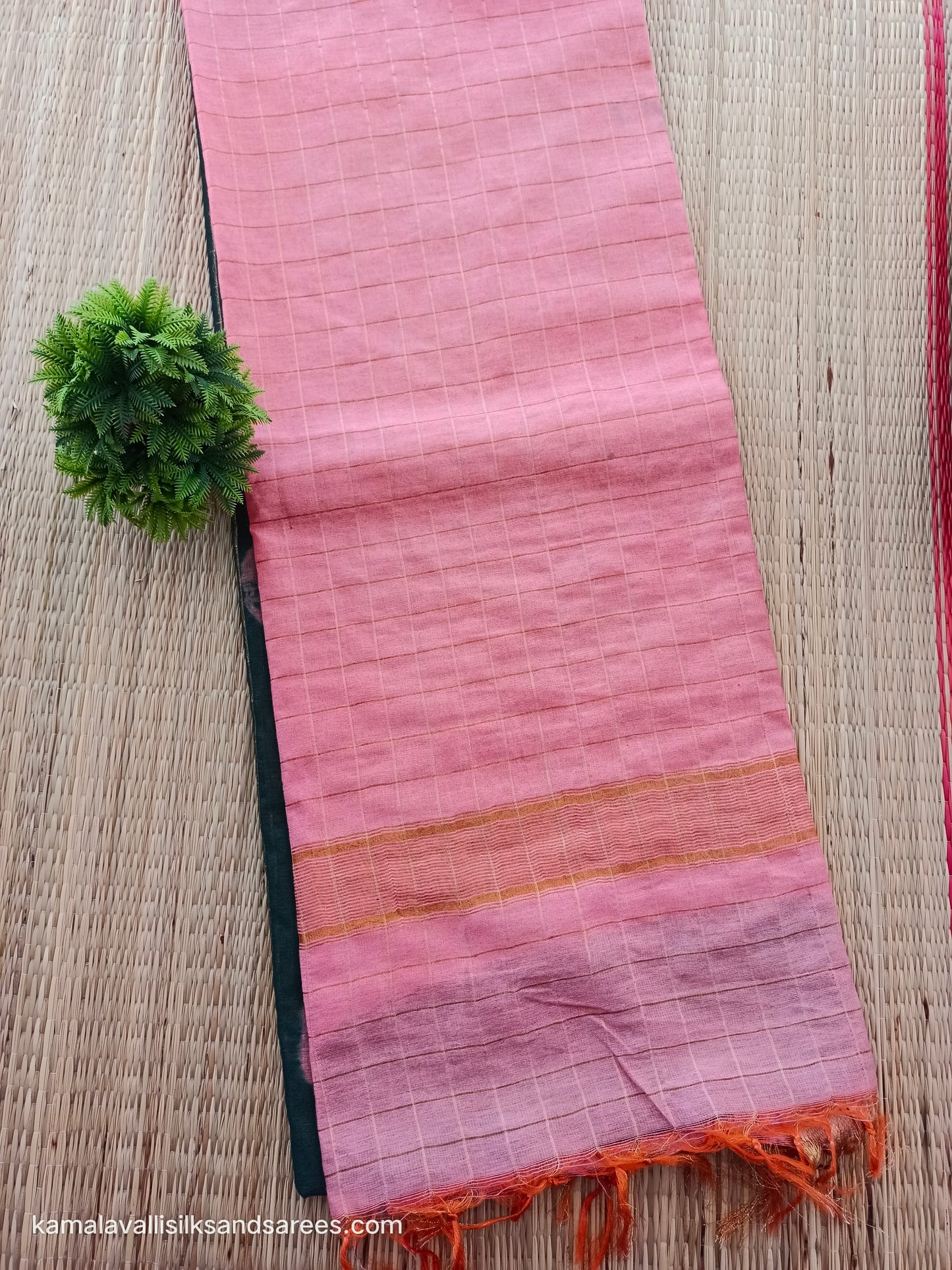 Bhagalpuri Tussar Saree Green with Pastel Pink Pallu and Pink blouse