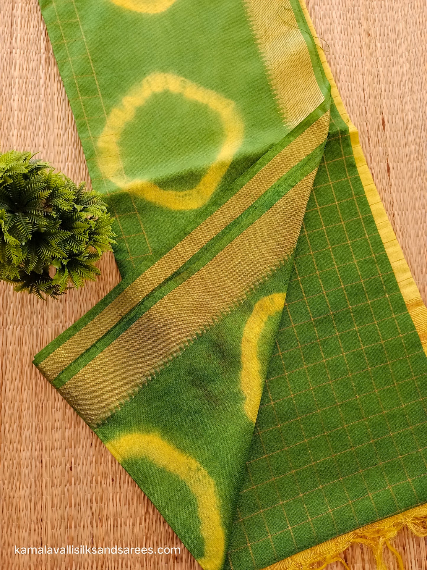 Bhagalpuri Tussar Saree Parrot Green colour with Yellow colour Pallu and blouse