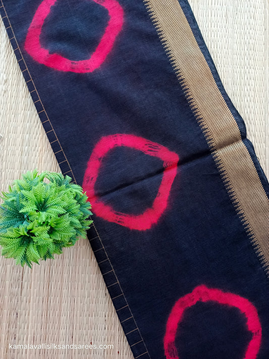 Bhagalpuri Tussar Saree Black colour with Red colour Pallu and blouse