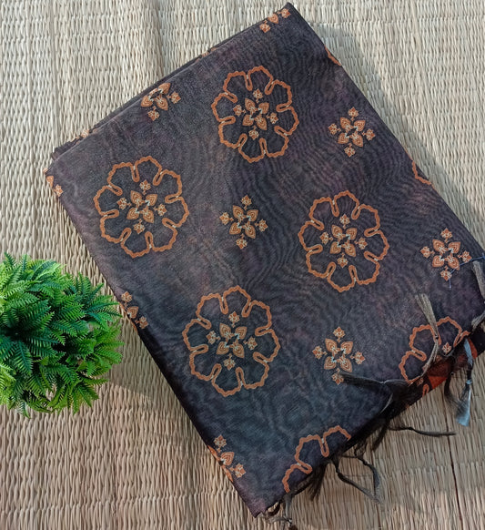 Chanderi Cotton Saree Charcoal Grey Colour