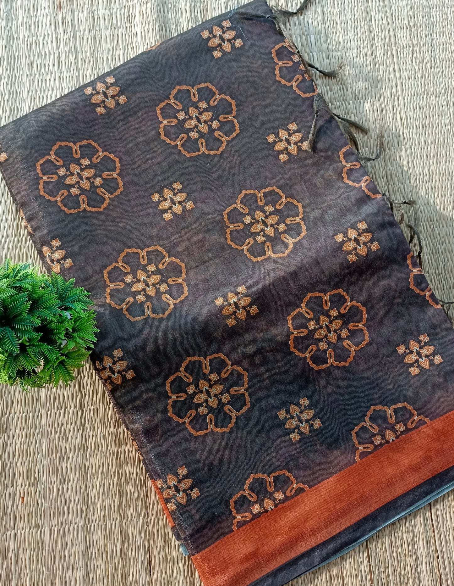Chanderi Cotton Saree Charcoal Grey Colour