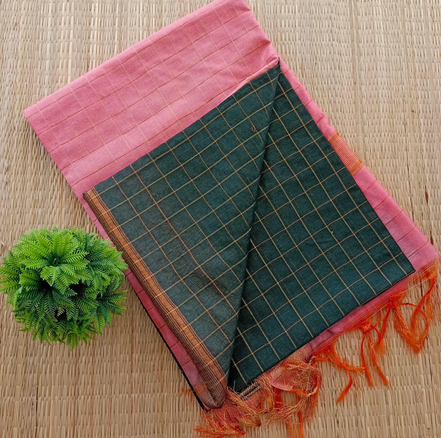 Bhagalpuri Tussar Saree Green with Pastel Pink Pallu and Pink blouse