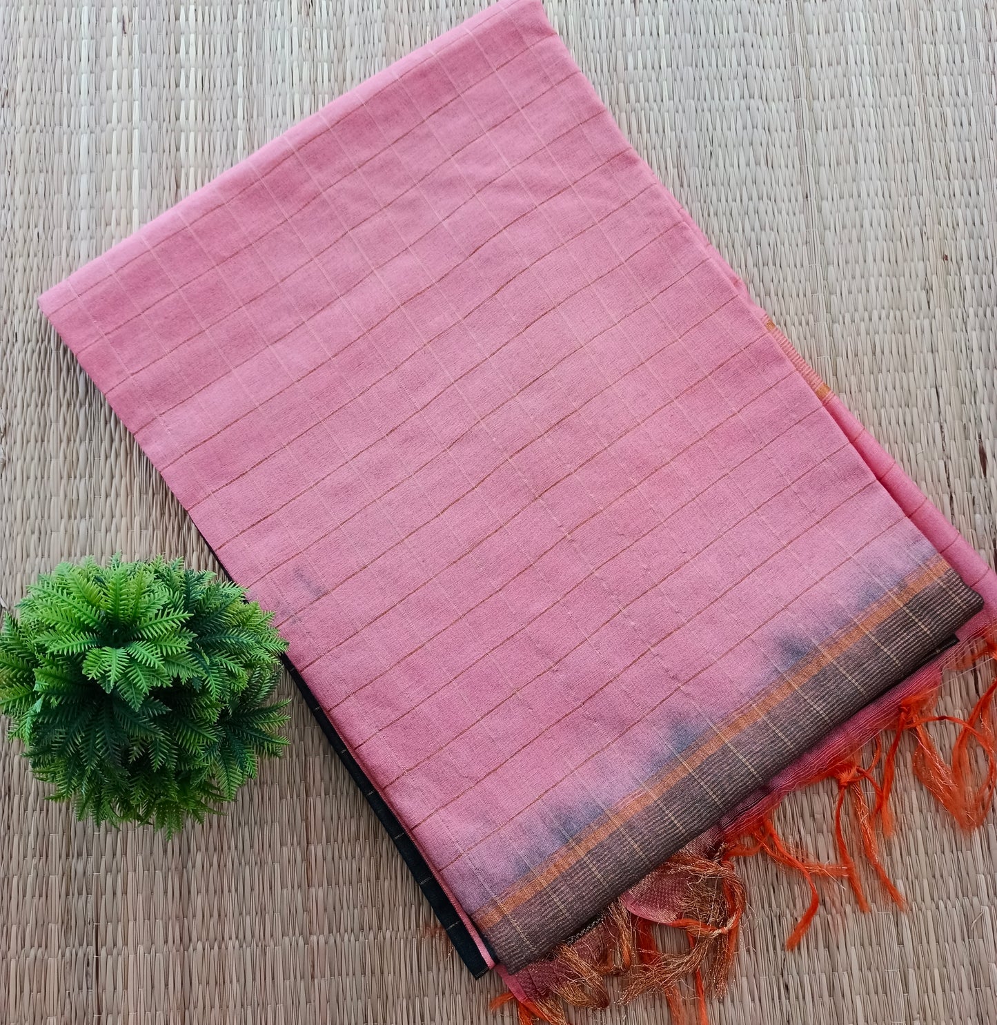 Bhagalpuri Tussar Saree Green with Pastel Pink Pallu and Pink blouse