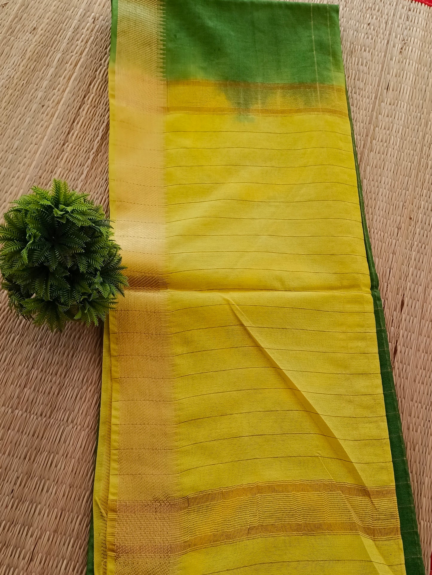 Bhagalpuri Tussar Saree Parrot Green colour with Yellow colour Pallu and blouse