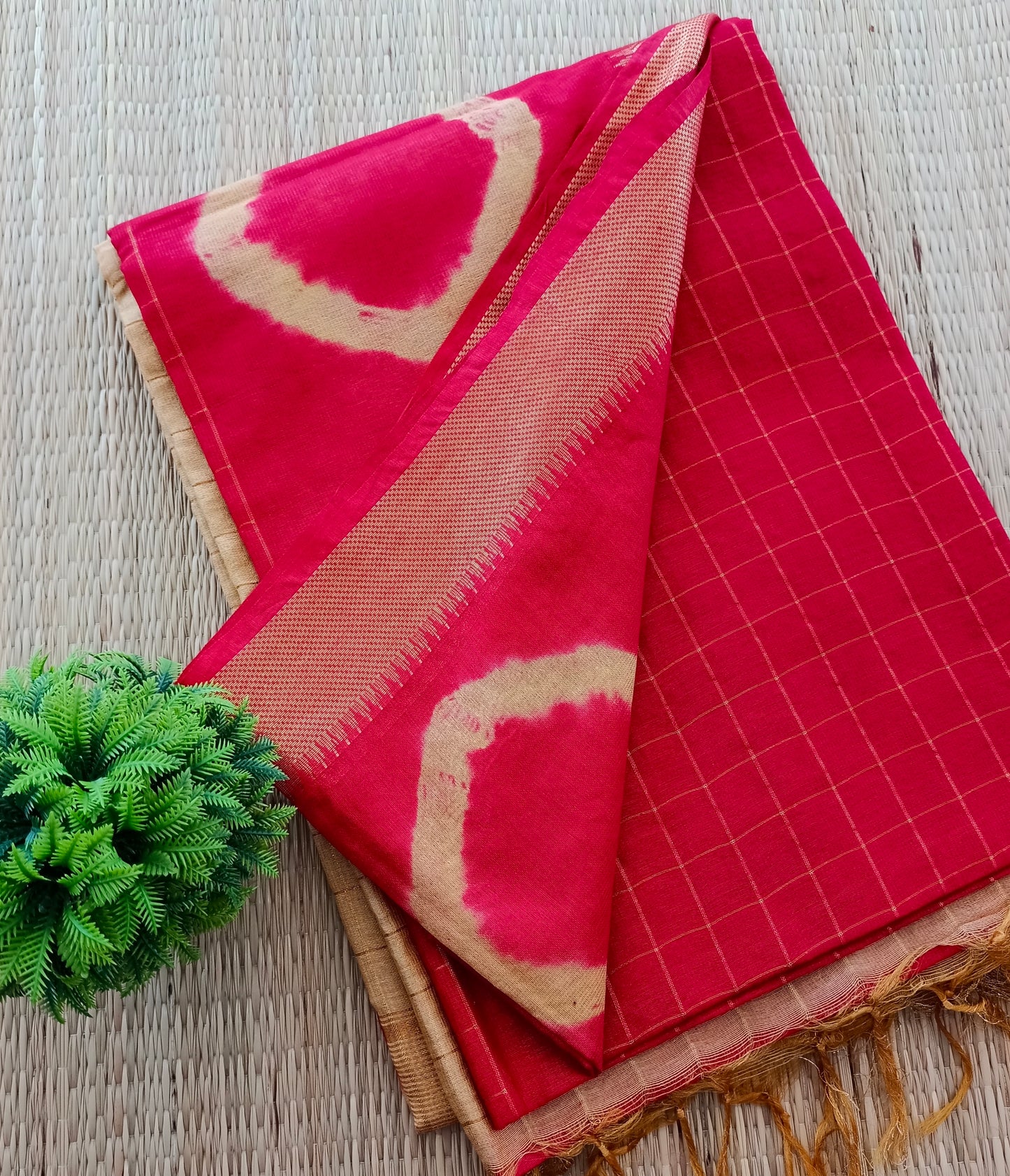 Bhagalpuri Tussar Saree Red colour with Cream colour Pallu and blouse