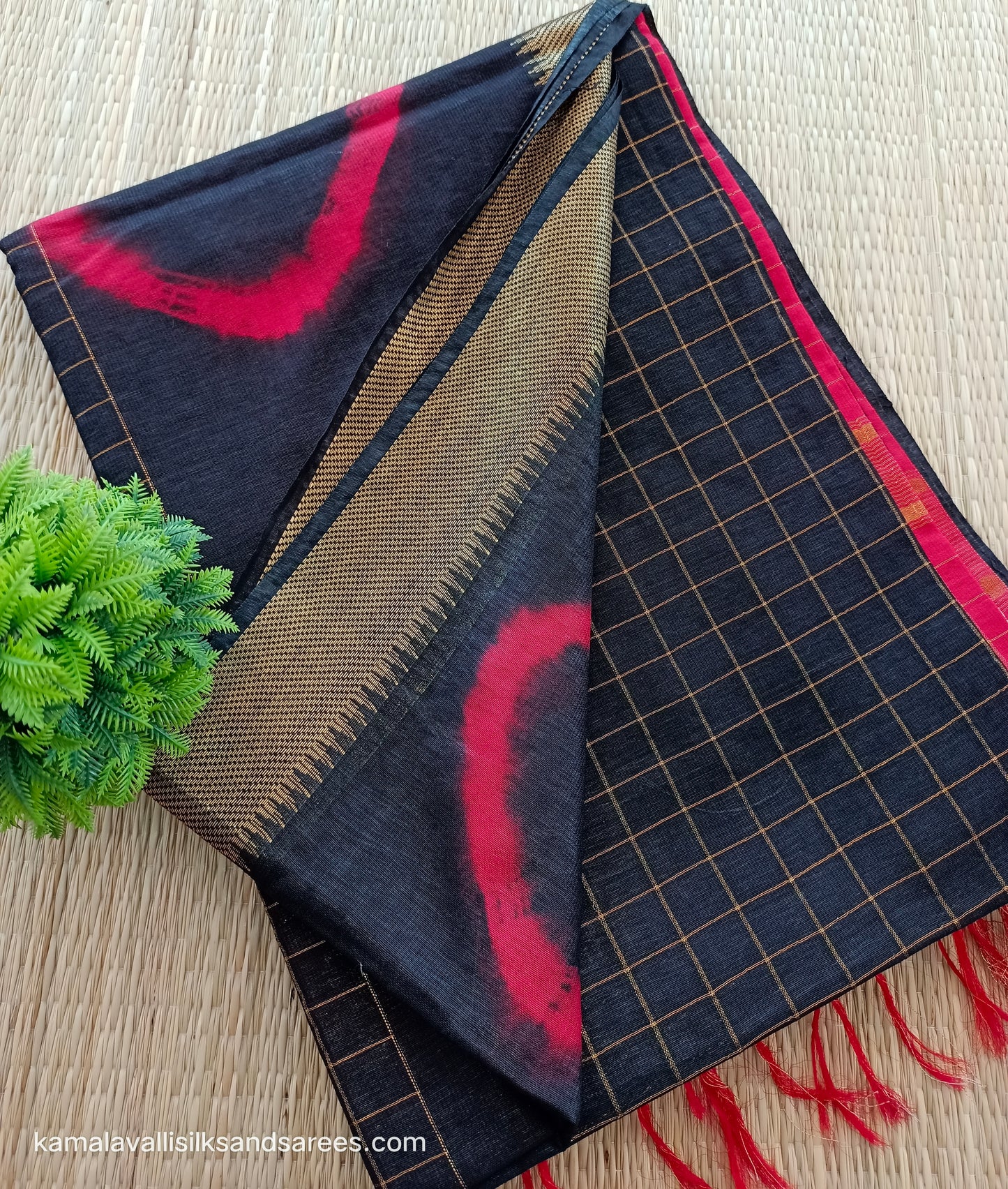 Bhagalpuri Tussar Saree Black colour with Red colour Pallu and blouse