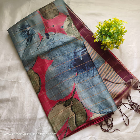 Semi Tussar Saree Blue Colour
