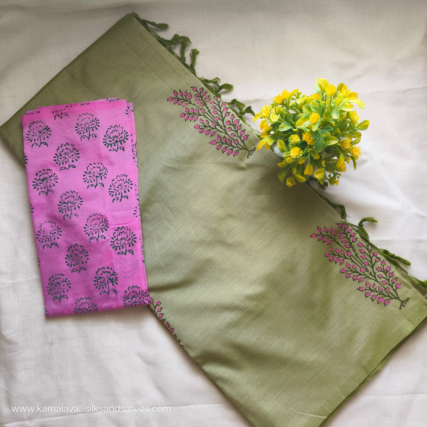 South Cotton Mix Block Printed Saree Pastel Green colour with Pink colour blouse