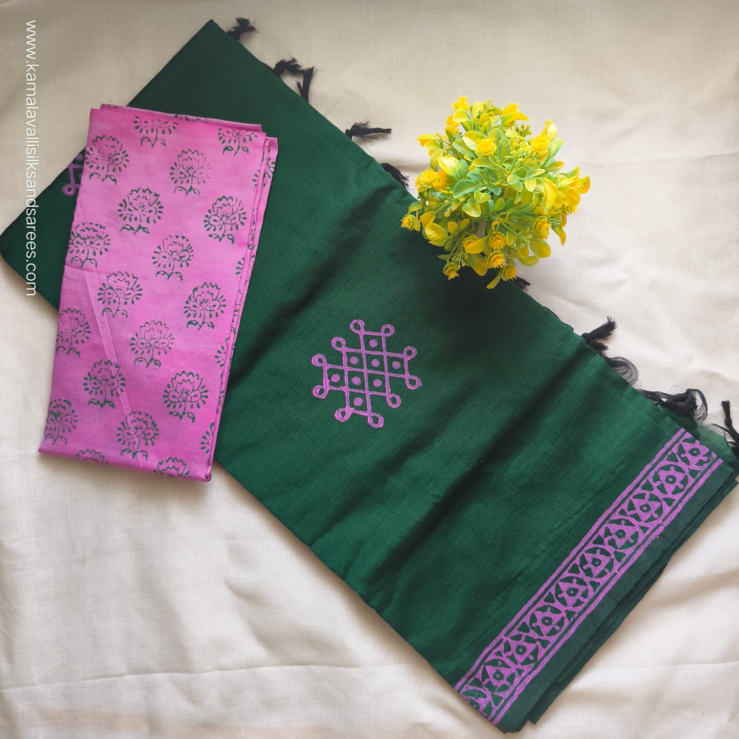 South Cotton Mix Block Printed Saree Green colour with Pink colour blouse