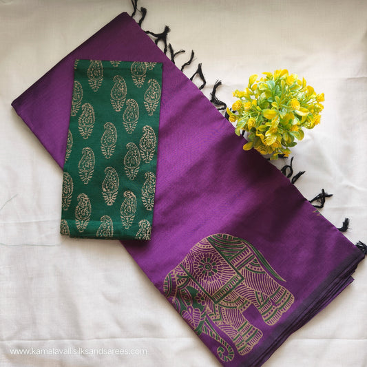 South Cotton Mix Block Printed Saree deep Violet colour with Green colour blouse