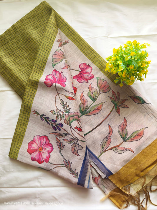 Chanderi Cotton Saree Green Colour