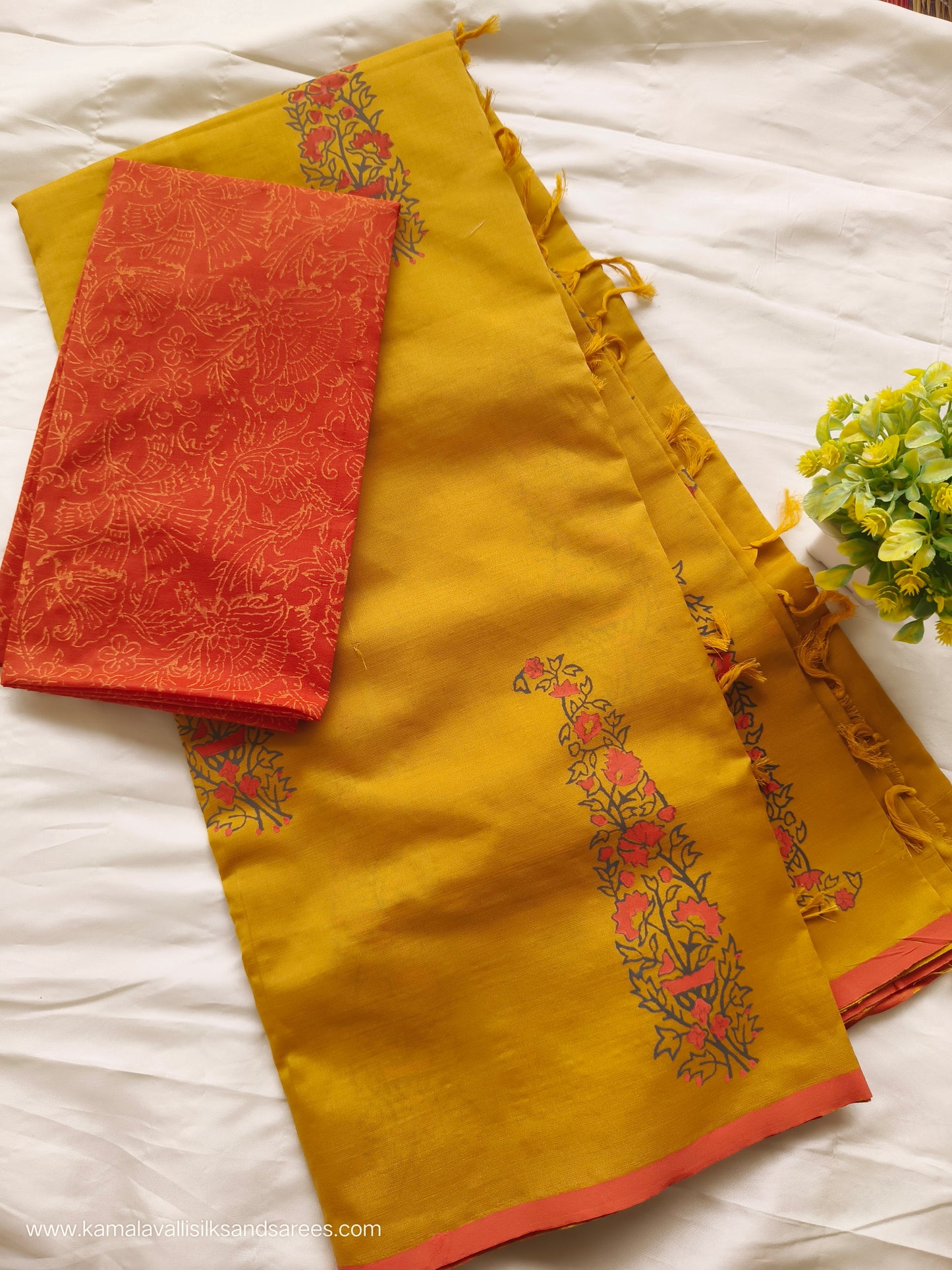 South Cotton Mix Block Printed Saree Yellow colour with Orange colour contrast blouse