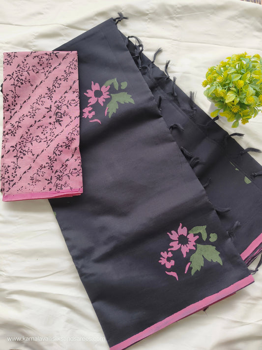 South Cotton Mix Block Printed Saree Black colour with Pink colour contrast blouse