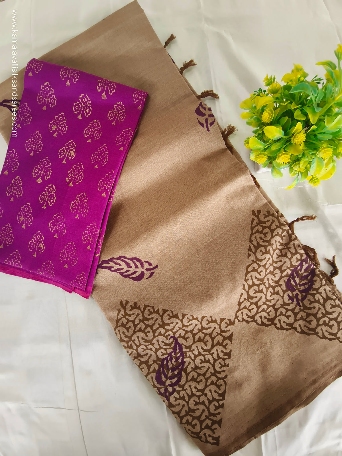 South Cotton Mix Block Printed Saree Chestnut Light Taupe colour with Rose colour contrast blouse