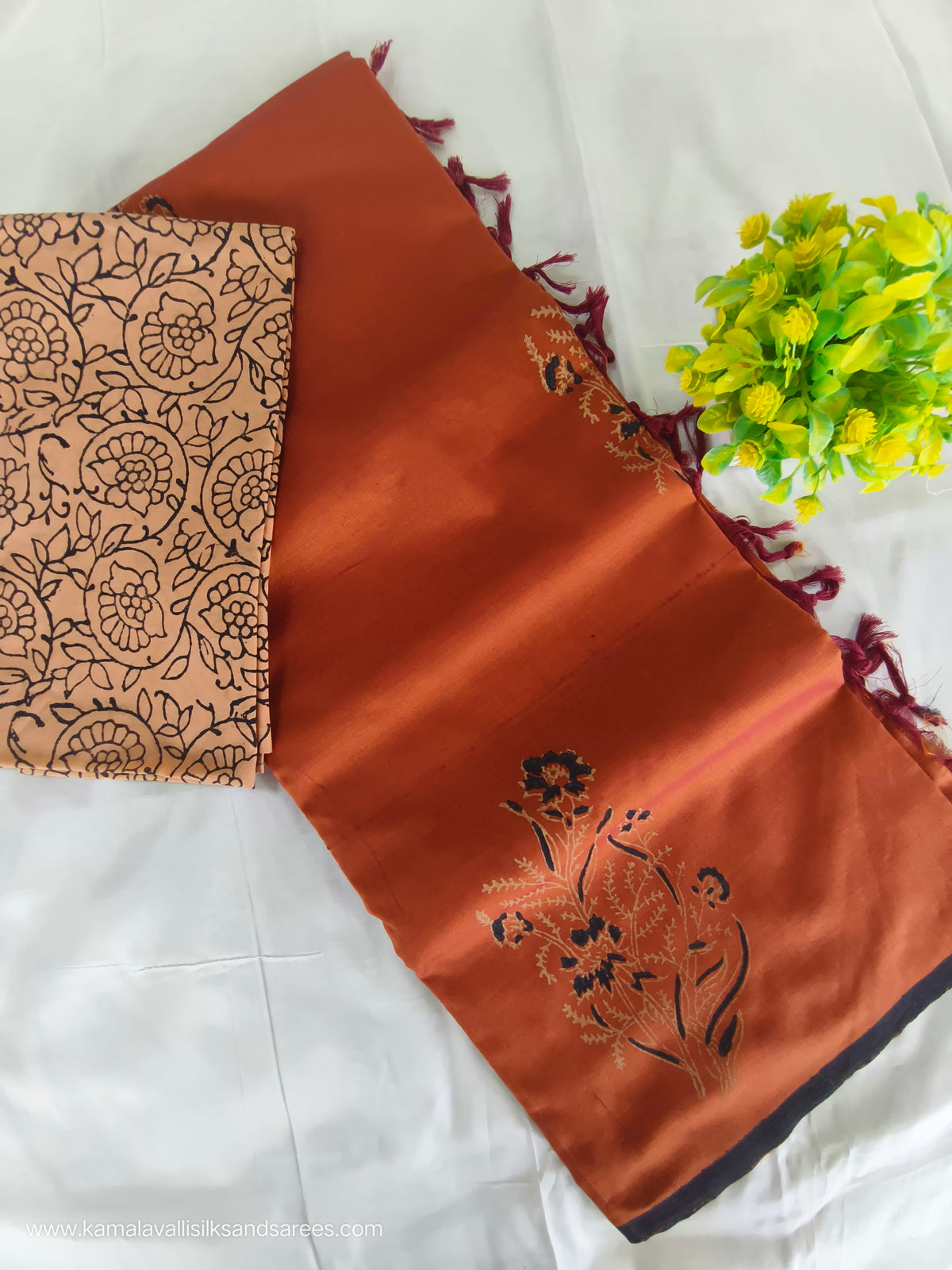 South Cotton Mix Block Printed Saree Chestnut Red colour with contrast blouse