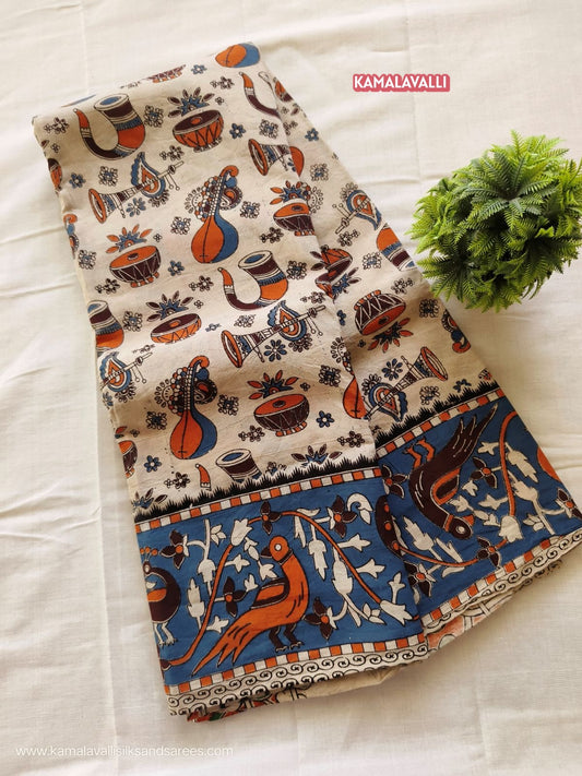 Kalamkari Cotton Saree Half White and Blue Colour