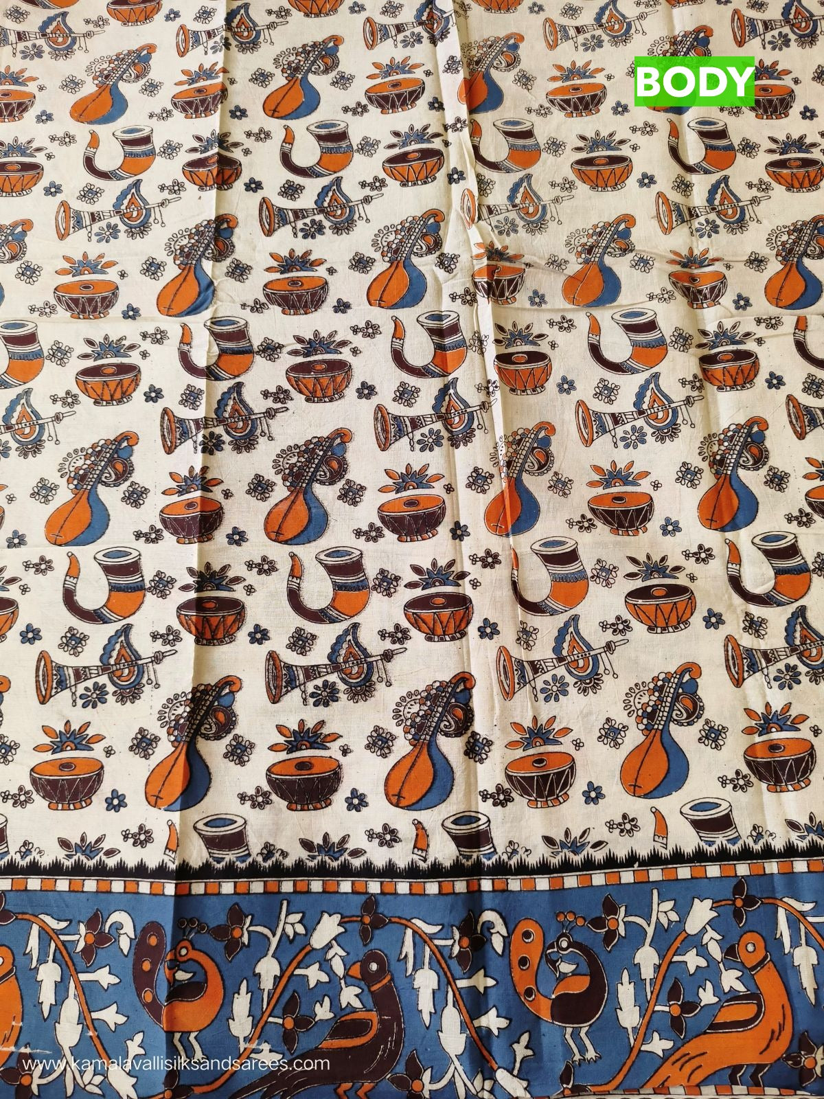 Kalamkari Cotton Saree Half White and Blue Colour