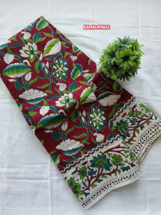 Kalamkari Cotton Saree Maroon and Green Colour